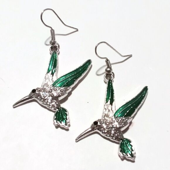 Silver Tone Enamel and Rhinestone Hummingbird Drop Earrings - Picture 1 of 4